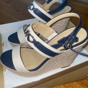 Michael Kors Reed MK Logo Two Tone Canvas Wedge Sandal Platform